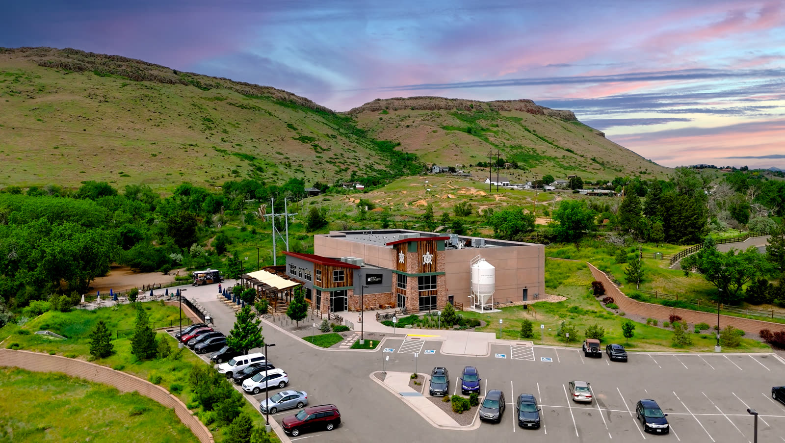 Aerial drone still — New Terrain Brewing commercial property, Golden Colorado