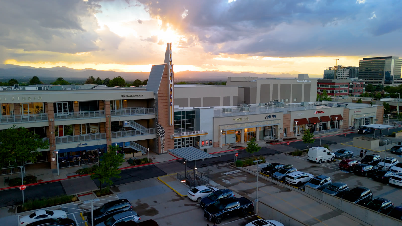 Drone real estate photography — Landmark DTC at dusk, Denver Tech Center